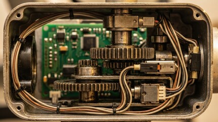 Detailed view of machinery with gears and electronic components inside a metallic casing.