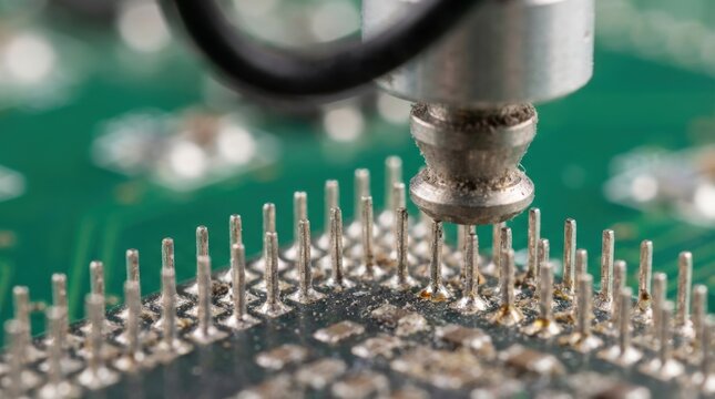 Close-up of a circuit board with a soldering tool applying metal to pins.