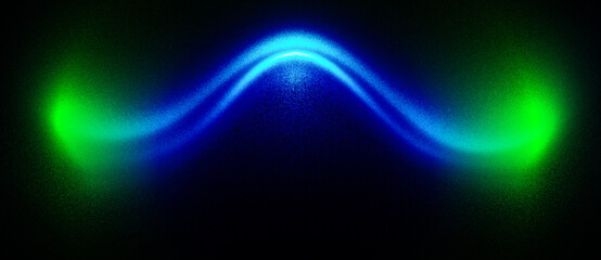 A vibrant, abstract energy wave in bright blue glows against a dark background, flanked by ethereal green light on the sides.