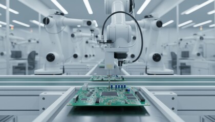 High-tech robotic arms assembling a circuit board in a modern factory setting.