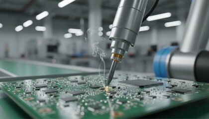 High-tech soldering process on a circuit board in a modern manufacturing facility.