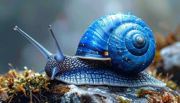 Close-up of a snail with a vibrant blue shell, crawling on a mossy rock, set against a blurred background