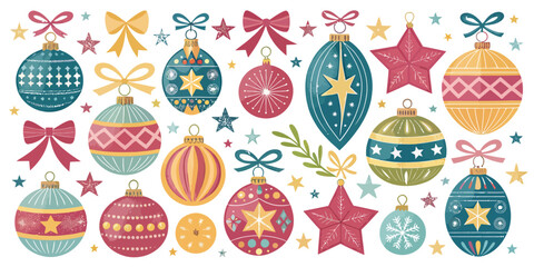 Vector  christmas  collection of christmas ornaments with stars and bows in various colors and designs