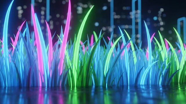 Animated 3d render of colorful neon grass illuminated against a dark background