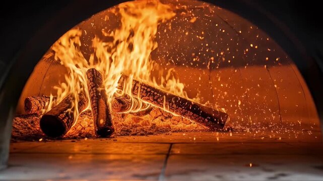 A captivating close-up shot inside a traditional wood-fired oven showcases vibrant, dancing flames consuming logs with intense heat. The powerful orange and yellow fire illuminates the rustic interior