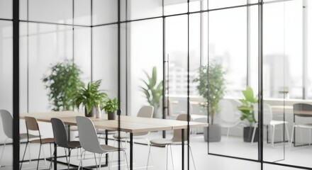 Modern conference room with glass walls and plants