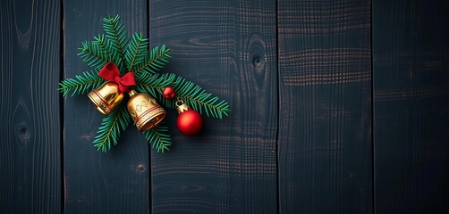 Dark wood background, decorated fir tree branch, jingle bells, festive ornaments,  background,  noel