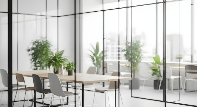 Modern conference room with glass walls and plants - Powered by Adobe