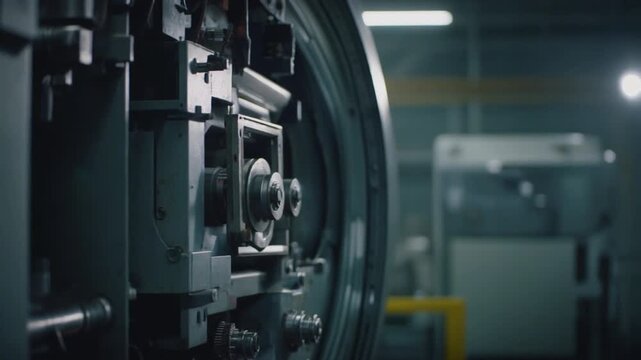 Cinematic anamorphic slow-motion close-up of a technician switching OFF a high-powered industrial machine, cool tone illumination, shadowless lighting, smooth slider camera movement.