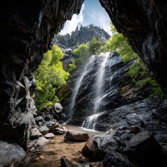 Dramatic Waterfall Viewed Through Dark Cave Opening in Forest Setting