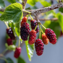 Ripe Mulberries Hanging on Branch With Green Leaves in Sunlight
