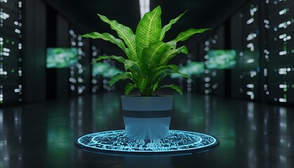 Plant in a server room showcasing technology and nature integration concept
