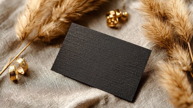 Blank black business card template on linen fabric with gold jewelry and pampas grass accents