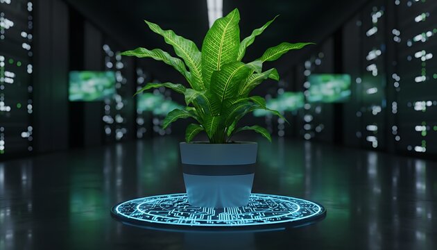 Plant in a server room showcasing technology and nature integration concept