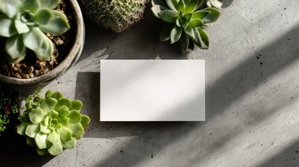 Blank white business card template on concrete surface with architectural shadows and succulent plants
