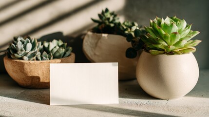 Blank white business card template on concrete surface with architectural shadows and succulent plants