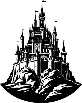 Intricate Gothic Fairy Tale Castle Silhouette on Hill with Towers and Flags Vector