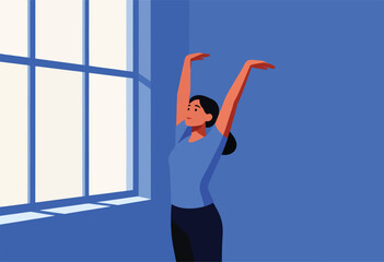 Fototapeta premium Simplified illustration of a person stretching in a blue room, with a window and a minimalist aesthetic