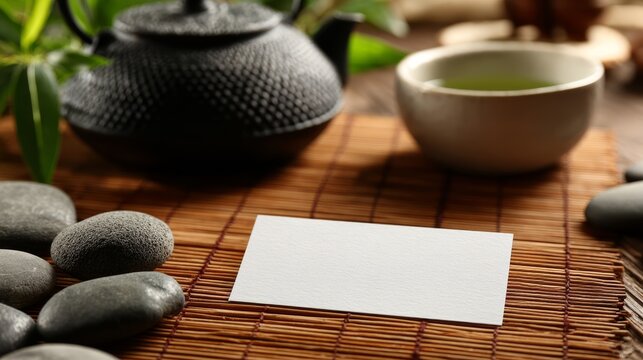 Blank white business card template on bamboo mat with zen stones and green tea ceremony setup