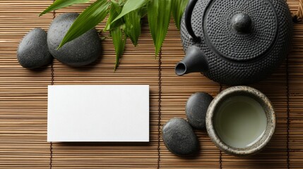 Blank white business card template on bamboo mat with zen stones and green tea ceremony setup