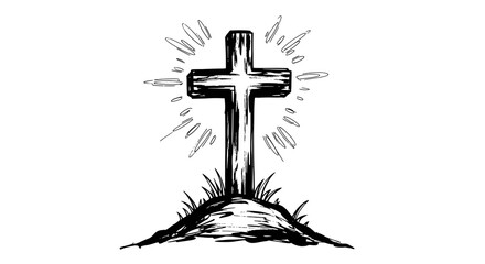 Simple and symbolic Christian cross standing on a hill radiating light and hope