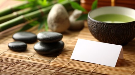 Blank white business card template on bamboo mat with zen stones and green tea ceremony setup