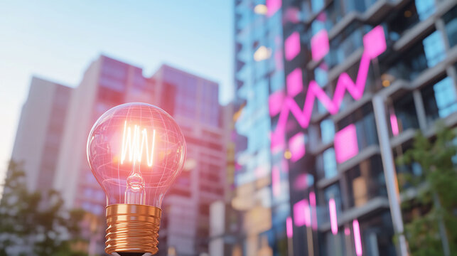 A glowing light bulb in front of modern buildings with colorful accents.
