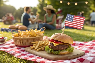 American Picnic Burger and Fries with US Flag on Red Gingham Blanket hamburger french fries
