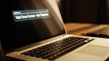 Close-up view of a laptop with a critical notification for a new task force due tomorrow, symbolizing corporate urgency and a tight deadline