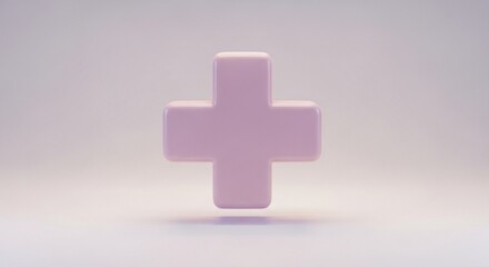 Obraz premium A soft pink plus sign symbol stands out against a light background, casting a subtle shadow, symbolizing addition or positivity.