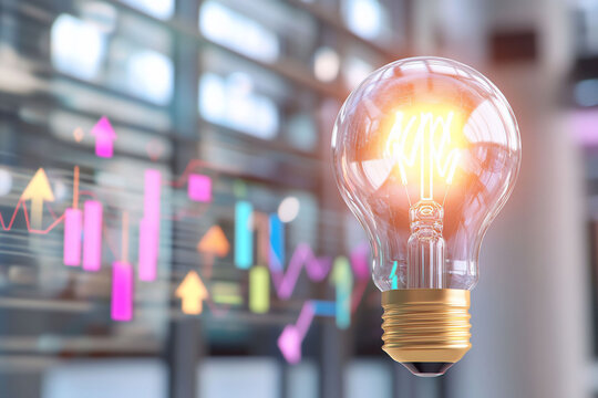 A glowing light bulb with colorful graphs in a modern setting. - Powered by Adobe