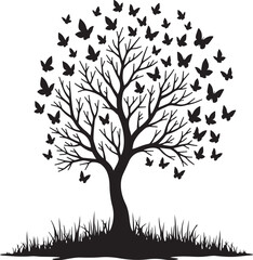 Obraz premium Black silhouette of a bare tree with butterflies and grass