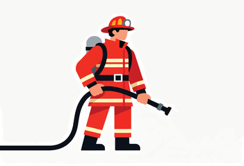 Fototapeta premium Vector illustration of a firefighter holding a water hose. He wears red gear, helmet, and breathing apparatus