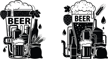 Dynamic compositions illustrating beer brewing elements including glasses, bottles, hops, wheat, and industrial equipment