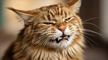 A captivating extreme close-up shot of a magnificent domestic feline showcasing an intense expression. The ginger-colored cat with striking green eyes is captured mid-hiss or growl, its mouth wide ope - Powered by Adobe