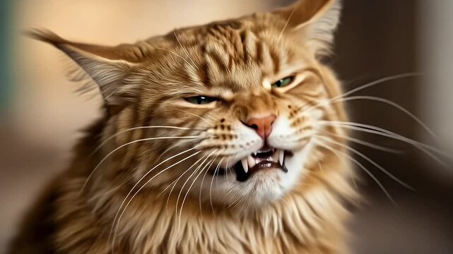 A captivating extreme close-up shot of a magnificent domestic feline showcasing an intense expression. The ginger-colored cat with striking green eyes is captured mid-hiss or growl, its mouth wide ope