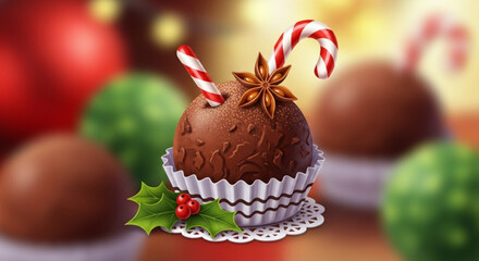 Festive chocolate truffle adorned with candy canes and star anise, perfect for holiday treats and seasonal celebrations, a vector-based design for versatile use