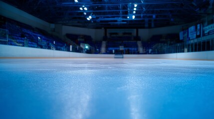 puck. Empty hockey rink with pristine ice, highlighted by atmospheric lighting and a sense of anticipation. event key visuals, club posters, designed for fitness apps and gym onboarding.
