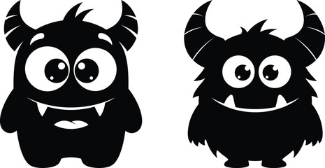 Two black monster characters with distinct horn shapes and friendly smiles for playful designs