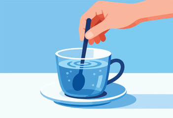 A hand stirs water in a clear glass teacup with a dark spoon, set on a saucer, blue background