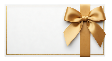 Blank white card with golden ribbon and bow isolated on transparent background
