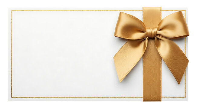 Blank white card with golden ribbon and bow isolated on transparent background