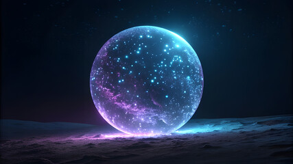 Mysterious glowing egg shaped orb with cosmic particles on dark background