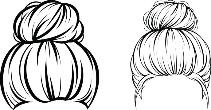 Various womens hair bun styles presented in line art for fashion and beauty projects