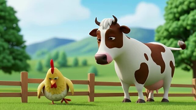 A charming animated scene features a friendly brown and white spotted cow observing a curious yellow chicken in a vibrant green pasture under a clear blue sky. A rustic wooden fence separates the two 