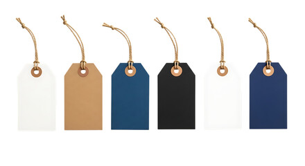 Collection of six blank paper tags with string isolated on transparent background