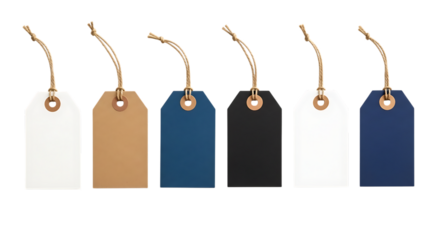 Collection of six blank paper tags with string isolated on transparent background