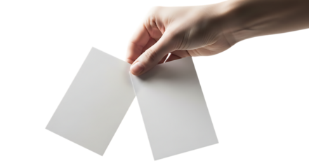 Hand holding two blank white cards isolated on transparent background