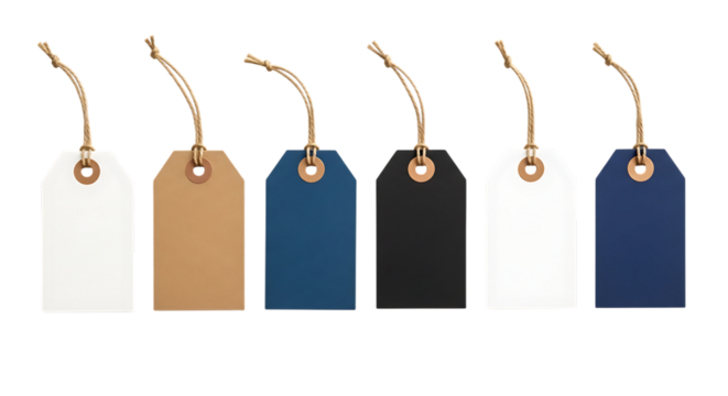 Collection of six blank paper tags with string isolated on transparent background