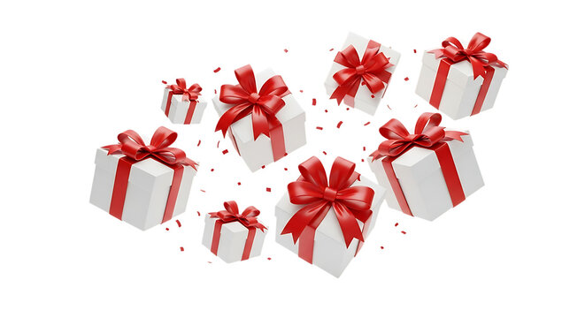 Collection of christmas presents with red ribbons isolated on transparent background